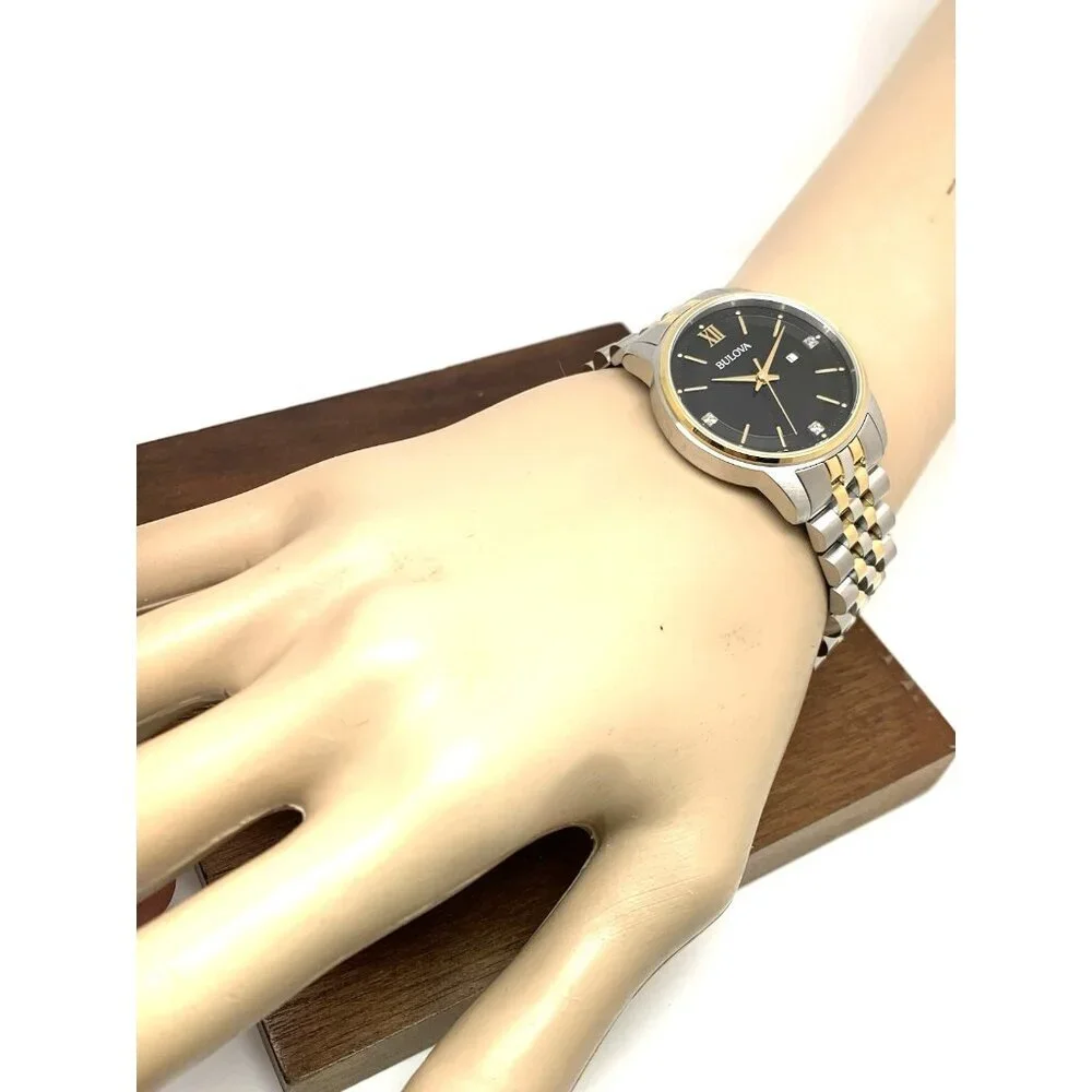 Bulova Women's Watch 98P198 Black Dial Diamond Quartz Two Tone Stainless Steel